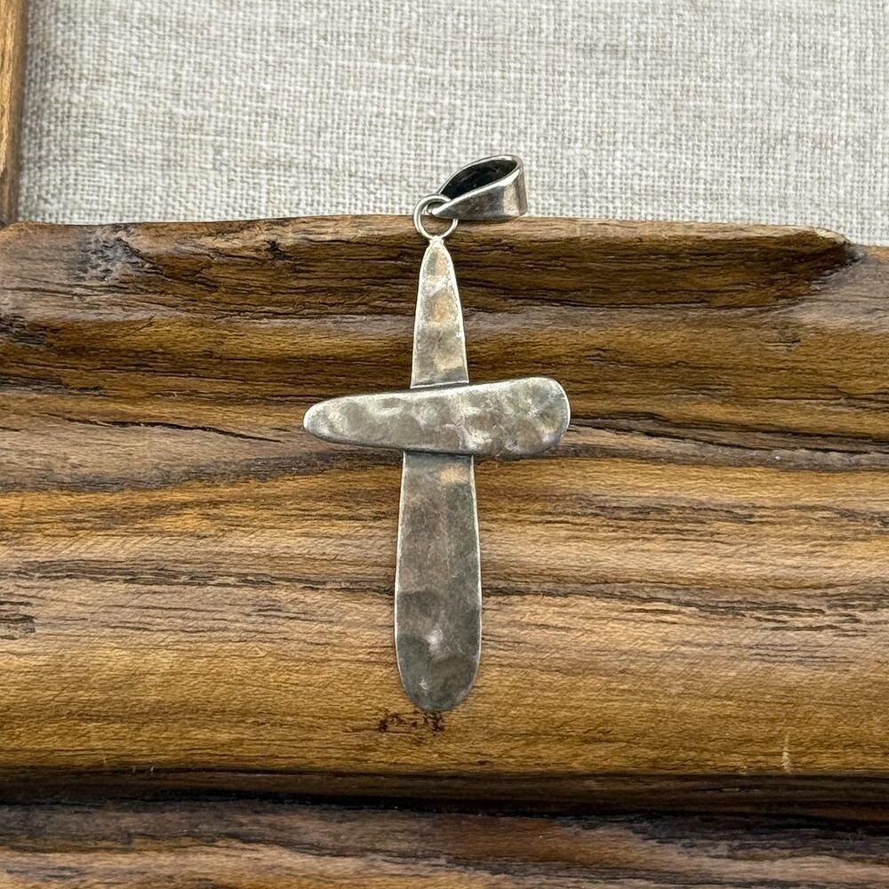 Hammered Patina Sterling Silver Marked Barse 925 Cross Pendant VTG Unique 1.75”